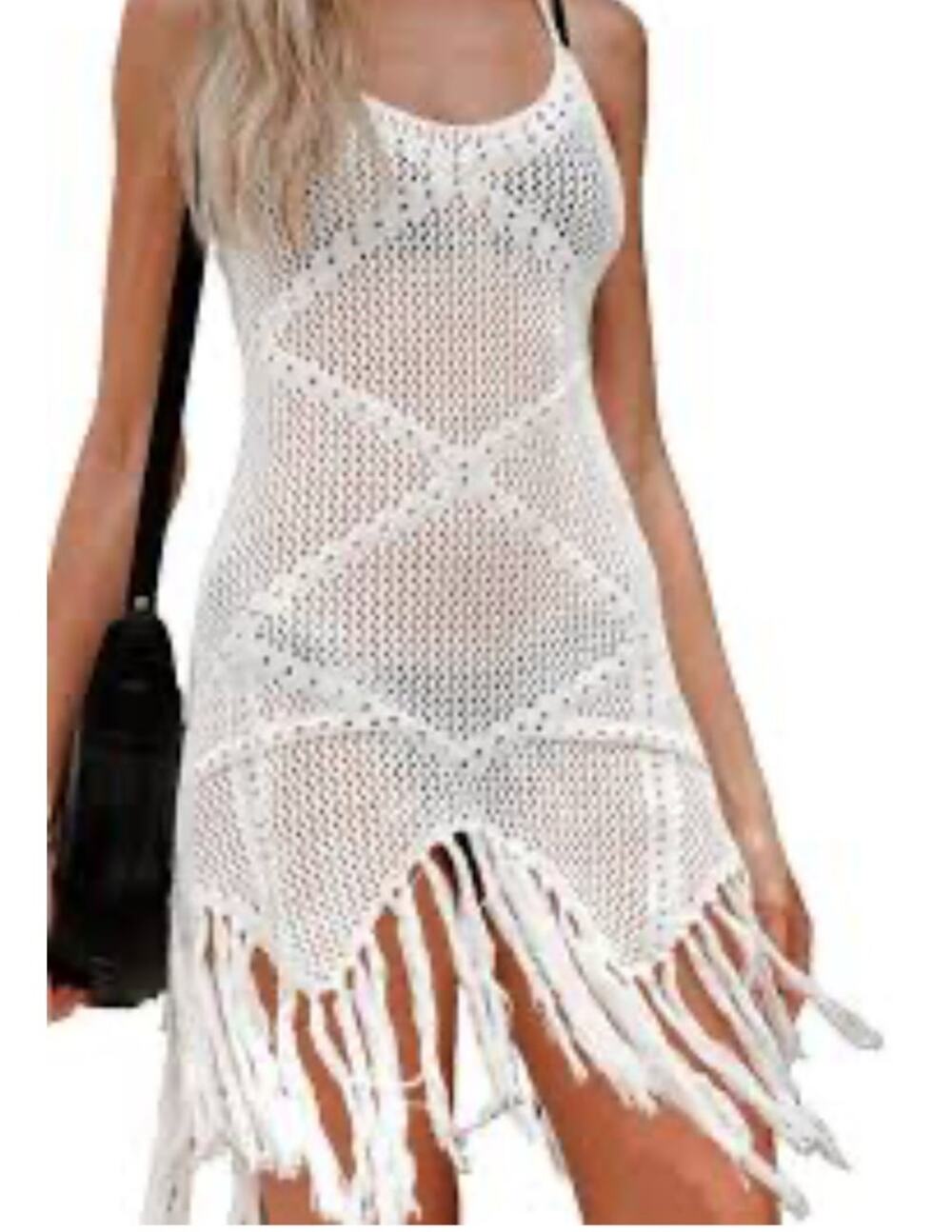 Endless Blu White Crochet Fringe Cover Up Boho Festival Beach Dress Size L